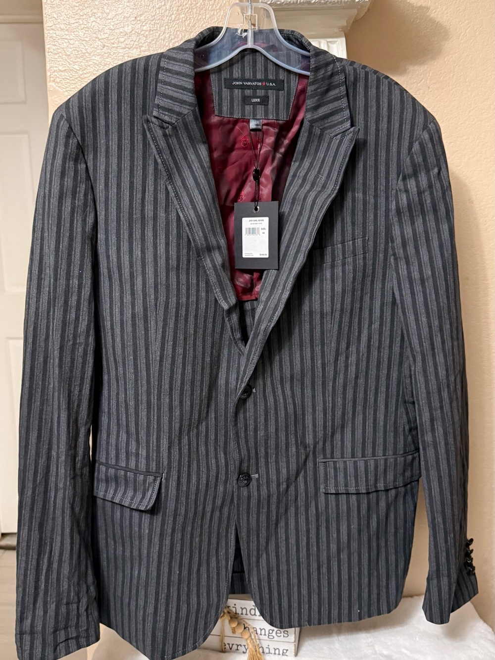 John Varvatos Dark Gray Pinstripe Sport Coat with Burgundy Lining